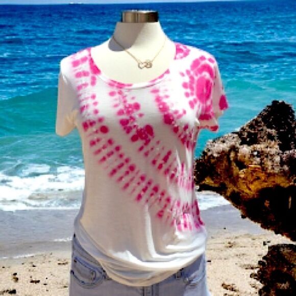 INC TIE DYE WOMEN T-SHIRT TOP SHORT SLEEVES SIZE MEDIUM WHITE PINK - Picture 1 of 6
